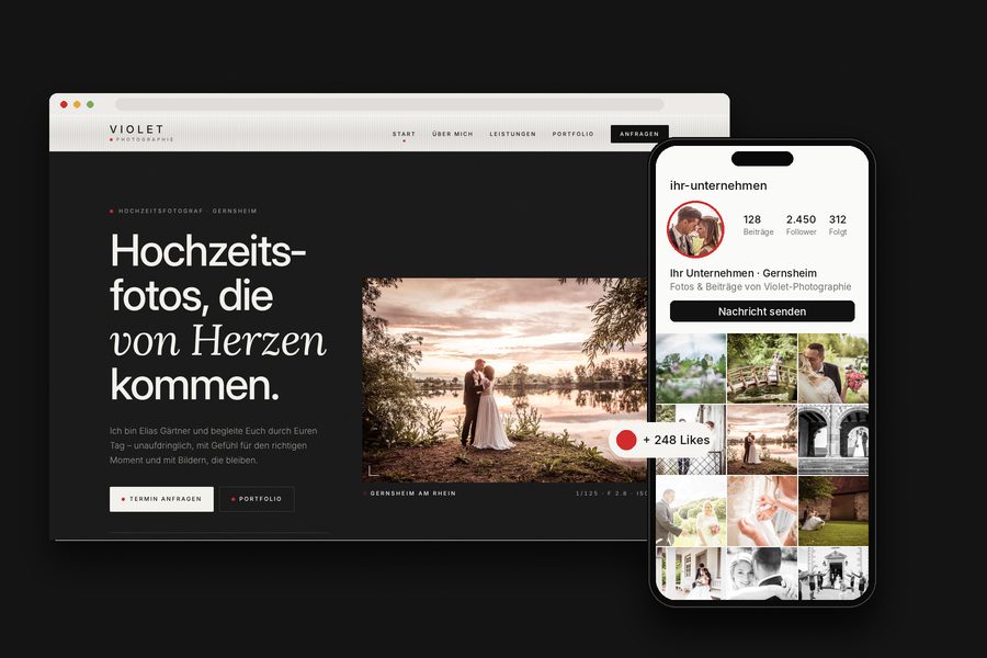 Webseite und Social-Media-Profil auf Laptop und Handy